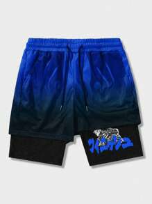 ROMWE MEN Anime Pantalones cortos deportivos de baloncesto de 2 en 1 transpirables para hombres, adecuados para el uso diario en primavera y verano, escuela - Azul - Ver 1