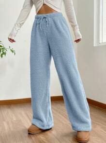 Muchica Women's Solid Color High Waist Drawstring Fluffy Wide Leg Loose Pants - Blue - View 4