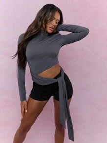 MISSGUIDED Jersey Tie Detail Waist Cut-Out Polo Neck Long Sleeves Top