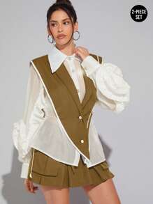 Hauture Layered Lapel Ruffle Sleeve Blouse - Camel - View 6