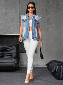 SHEIN Essnce Women's Distressed Ripped Denim Jacket - Light Wash - View 4