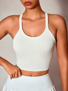 SHEIN Sovereign Charm Women's Solid Color Ribbed Knit Halter Tennis Sports Bra - Apricot - View 7