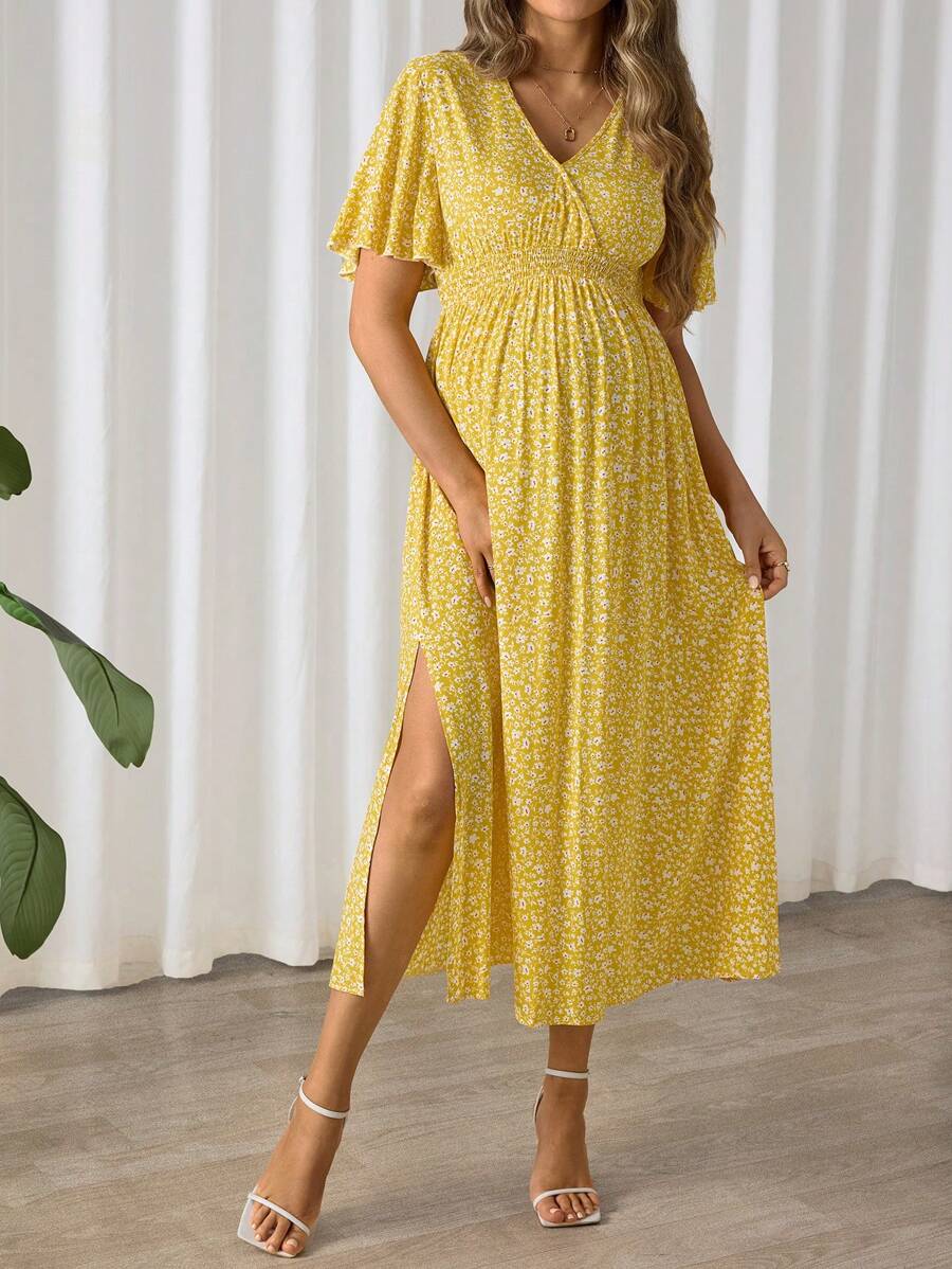 SHEIN Maternity Ditsy Floral Ruffled Short Sleeve Side Slit Casual Dress - Yellow - View 1