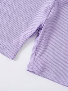SHEIN 2pcs/Set Young Girl's Knitted Twist Knot Short Sleeve Tee And Knitted Cycling Shorts In Solid Color - Purple - View 7