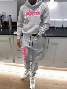 Manfinity Roghcode 宽松男士表情符号花朵和字母印花连帽运动衫和运动裤套装（带抽绳） - 灰色 - 查看 1