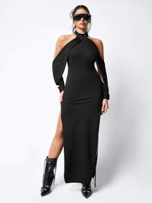 ROMWE Grunge Punk Gothic Style Asymmetrical Sleeve Slim Fit High Slit Women Midi Dress - Black - View 1