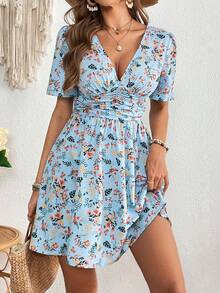 SHEIN VCAY Váy ngắn tay cổ chữ V sâu in hoa thường ngày dành cho nữ - Màu xanh lam - Xem 5