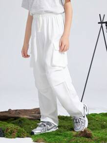 SHEIN Tween男孩鬆身編織純色直筒褲 - 白色 - 查看 1