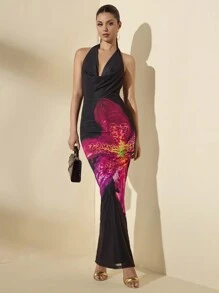 SHEIN BAE Women Summer Floral Print Swing Neck Slim Fit Draped Neck Tie Long Elegant Dress