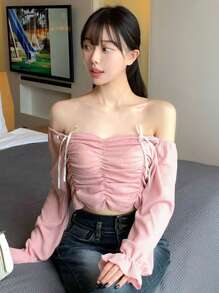 DAZY 女式露肩褶皱长袖T恤，秋季，荷叶边 - 粉色 - 查看 6