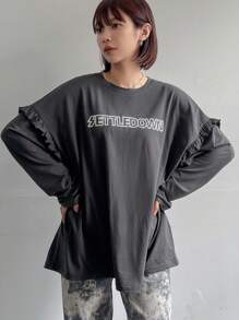 FRIFUL Camiseta gris de manga larga con estampado de letras, volantes y parches, ropa de otoño con gráfico - Gris - Ver 8