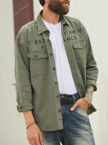 Manfinity Homme Men's Army Green Letter Print Loose Fit Shirt - Army Green - View 7