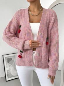 SHEIN Unity Women's Casual Cardigan With Cherry Decor, For Autumn And Winter Fall Cloth For Women - Pink - View 5