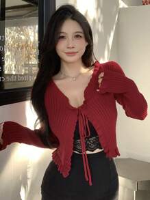 Joudiya 女士情人节荷叶边红色开衫，秋装 - 紅色 - 查看 3