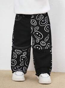 SHEIN Baby Boy's Denim Cute Smiling Face Pattern Straight Legs Black Jeans,Versatile For Daily Outdoor Wear And Fall - Black - View 3