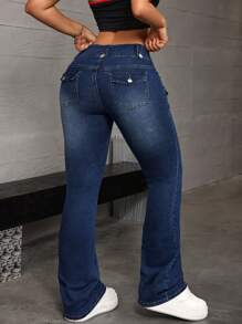 SHEIN ICON Flap Pocket Flare Leg Jeans - Black - View 5