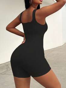Sirith Women Summer Fall Casual Seamless Knit Solid Color Sports Outdoor Tight Romper Unitard Jumpsuit