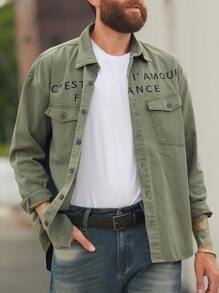 Manfinity Homme Men's Army Green Letter Print Loose Fit Shirt - Army Green - View 8