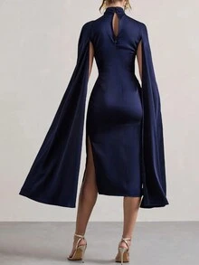 Abito elegante da donna con maniche a poncho di colore unito, abito da cocktail semi-formale adatto per festa di compleanno, matrimonio, laurea, cena, ballo di fine anno - nero - Visualizzare 2