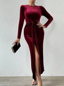 Chiquease Vestido ajustado de terciopelo elegante con abertura y cinta retorcida, primavera/otoño - Burdeos - Ver 5