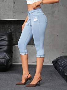 SHEIN Essnce Women's Pocketed Ripped Metal Trim Cropped Casual Jeans - Light Wash - View 5