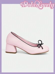 Dola Lovely Zapatos de tacón alto para mujer con puntera redonda, escote bajo, lazo y correa trasera, plataforma, ideal para Navidad, otoño, Año Nuevo, San Valentín