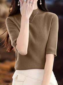 EMERY ROSE 女士纯色短袖简约针织休闲上衣 - 卡其色 - 查看 1