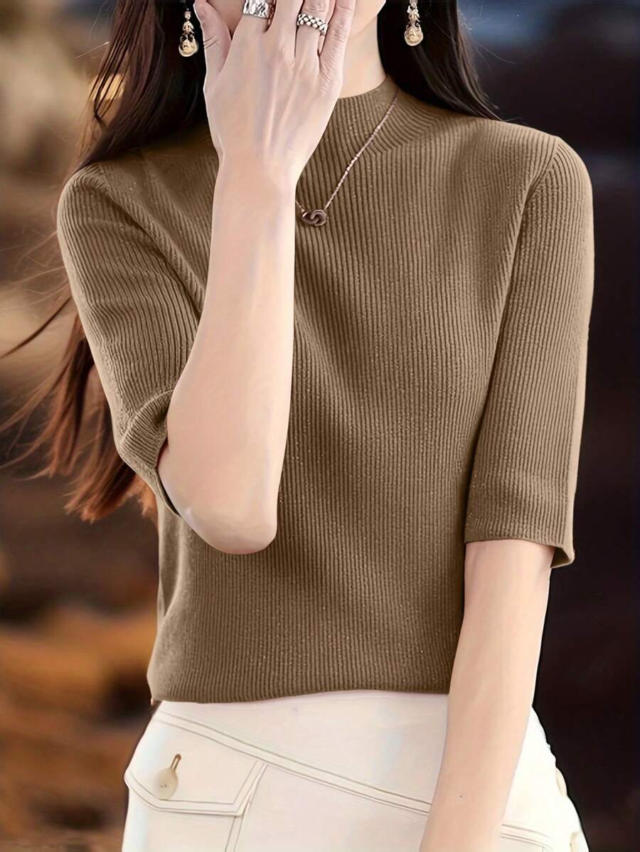 EMERY ROSE 女士纯色短袖简约针织休闲上衣 - 卡其色 - 查看 1