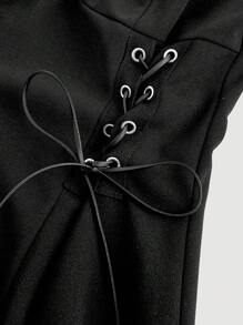 SHEIN MOD 系带前抽绳喇叭袖黑色连衣裙，秋季女装，礼服，秋季婚礼宾客礼服新娘，优雅礼服，约会晚礼服，礼服，黑色返校节礼服，吸血鬼礼服，海盗礼服 - 黑色 - 查看 4