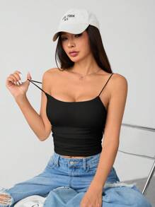 SHEIN PETITE Camiseta básica ajustada de cuello redondo, blanca, transpirable para mujeres; Camisetas de tirantes negras sin sujetador para mujer