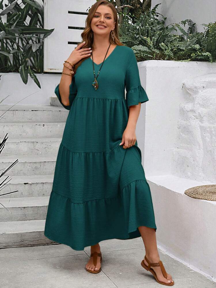 Plus Size Women's Deep V-Neck Ruffle Sleeve Multi-Tiered Hem Long Yellow Dress For Summer