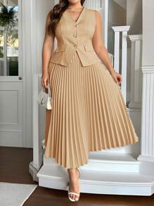 SHEIN Privé Sleeveless Blazer + Long Pleated Skirt Plus Size Business Set - Khaki - View 2