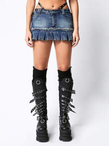 ROMWE Grunge Punk Y2K Punk Riveted Pleated Ultra-Short Mini Denim Skirt With Leggings (Includes Leggings), School