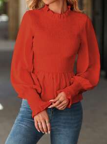Chiquease Blusa de unicolor con cuello de volantes, mangas largas y cintura cincelada, para uso casual y de fiesta de Navidad en la mujer - Rojo - Ver 6