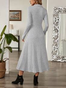 EMERY ROSE Women's Solid Color Long Sleeve Collared Ribbed Long Casual Dress Office Dress - Grey - View 2
