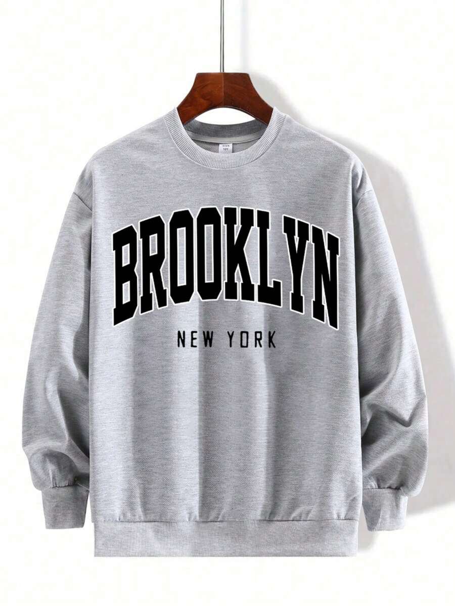 SHEIN Áo nỉ dài tay dáng rộng, dày dặn, phong cách tối giản thường ngày, sản xuất tại Brooklyn, New York, thích hợp cho mùa thu/đông, dành cho bé trai tuổi teen. - Xám - Xem 1