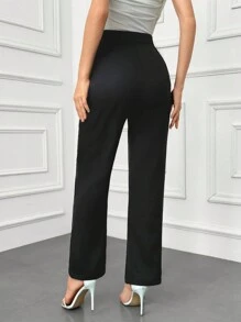 Modelyn Women's Solid Minimalist Basic Button Front Pants In Fall/Winter - Black - View 2