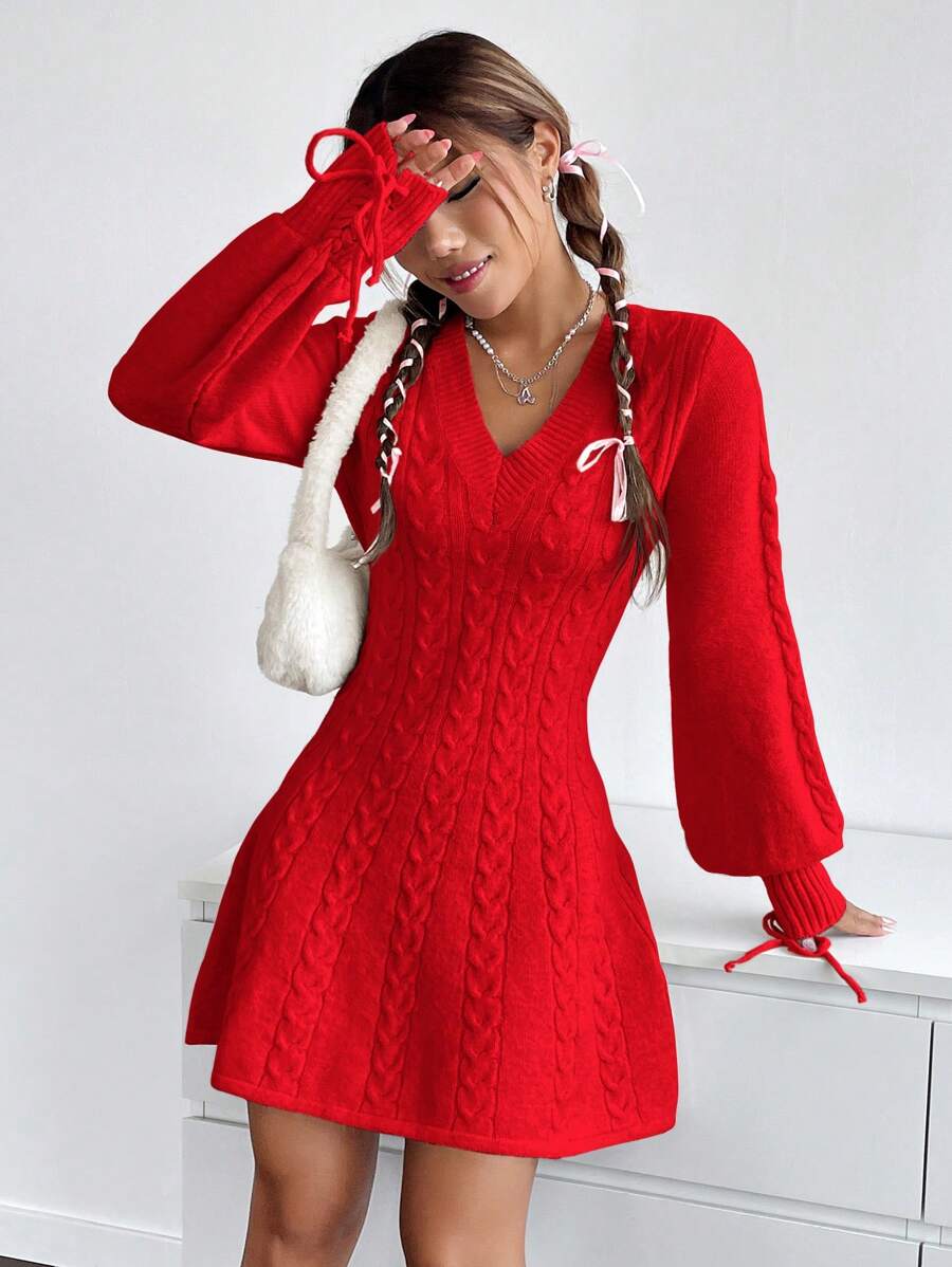 SHEIN EZwear Women's Solid Color Minimalist V-Neck Long Sleeve Sweater Dress - Red - View 1