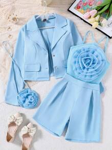 女士纯色简约日常花卉装饰吊带背心和纯色长袖短裤 - 母子时尚套装