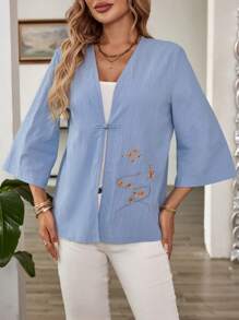 EMERY ROSE Linen Embroidered Casual Jacket For Women - Blue - View 7