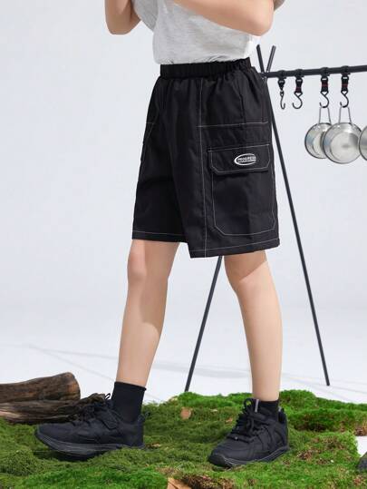 SHEIN 適合青少年男孩穿著的休閒字母拼接3d口袋寬腿編織短褲