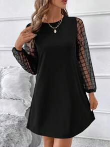 SHEIN Clasi 女士圆领网眼对比透视长袖迷你冬季秋季女士服装感恩节万圣节女士返校节工作服约会晚礼服 - 黑色 - 查看 9