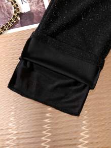 SHEIN Girls Elegant Metallic Silver Shimmer Straight Wide Leg Long Pants - Black - View 3