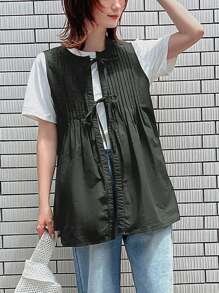 FRIFUL Women's Solid Color Simple Sleeveless Tie-Up Tank Top For Everyday Wear,Fall Clothes - Green - View 1