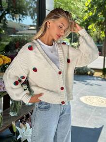 EURMUSE Women Handmade Strawberry Accessory Front Button Drop Shoulder Cardigan - Dusty Pink - View 4