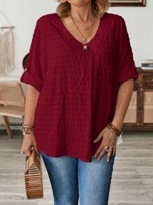 EMERY ROSE Plus Size Nữ Mùa Hè Nông Thôn Mùa Hè Màu Cổ Chữ V Họa Tiết Tay Ngắn Rời Sơ Mi - Màu Đỏ Sâu - Xem 6