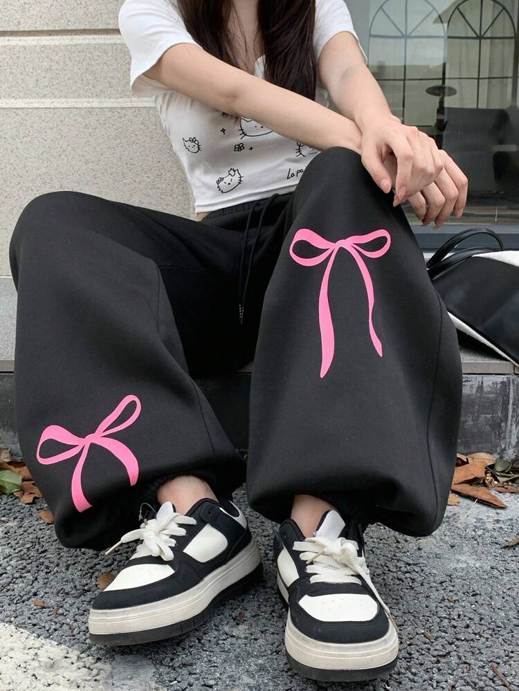 Women Drawstring Waist Butterfly Print Flower Hem Loose Casual Trousers