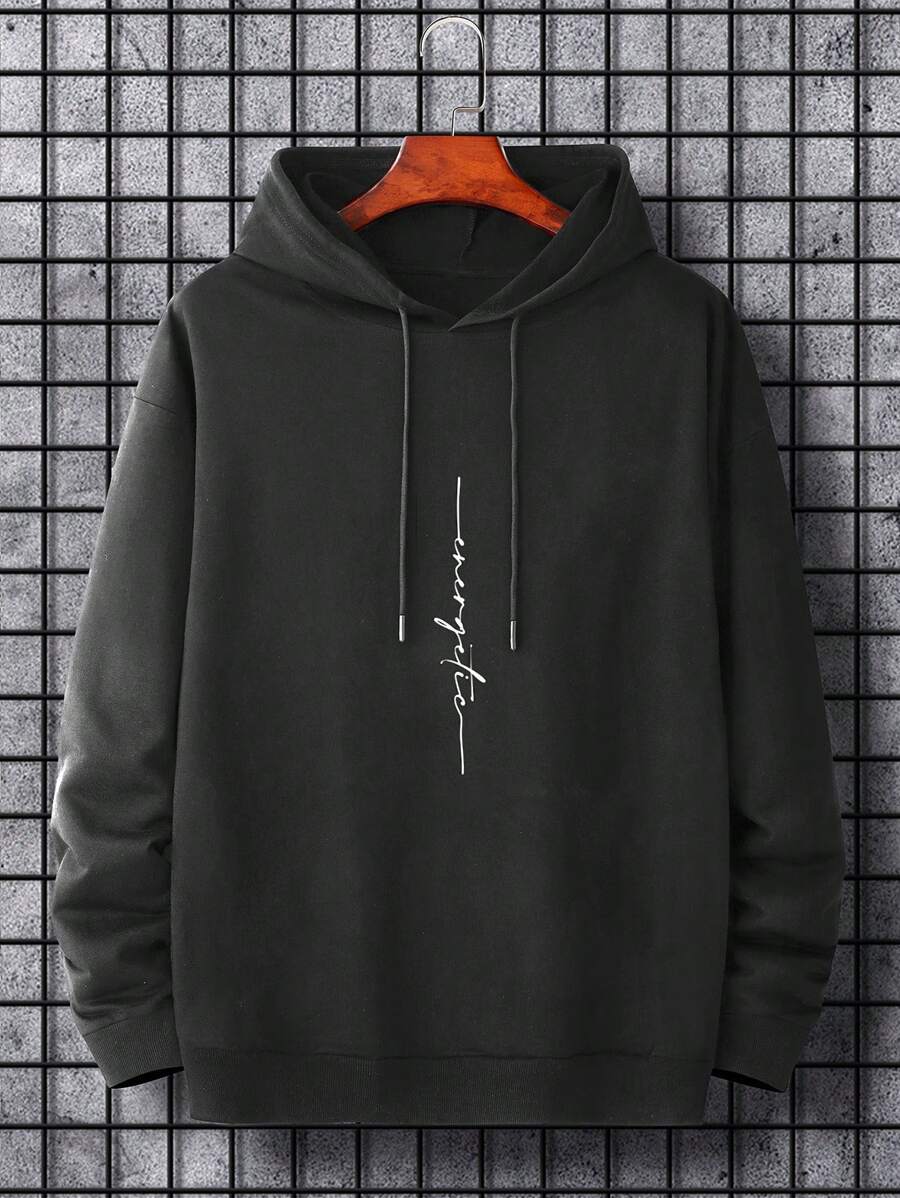 EURMUSE Men Letter Graphic Drawstring Hoodie - Black - View 1