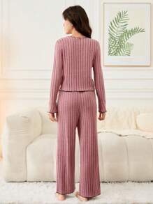 SHEIN Leap Crew 2 件装春秋季青少年女孩 V 领短袖上衣和裤子睡衣套装带蝴蝶结装饰 - 粉色 - 查看 2
