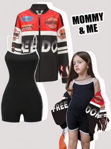 SHEIN Explorewe 2pcs Women's Fashion Street Casual Letter Print Baseball Jacket And Contrast Trim Romper Mommy & Me Clothes Set - Multicolor - View 4